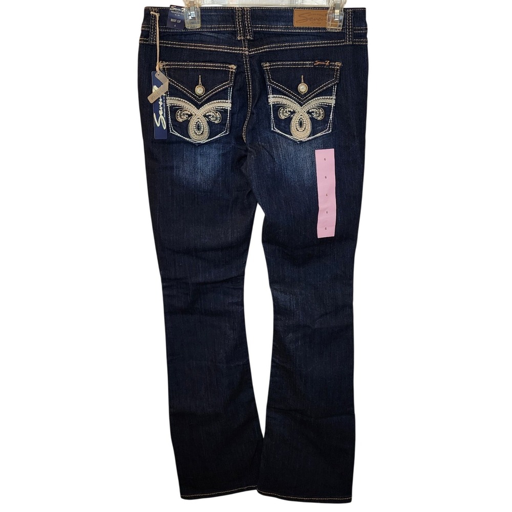 Seven7 Womens Dark Wash Embroidered Flap Pocket Bootcut Jeans Size 6 NWT - Picture 2 of 9